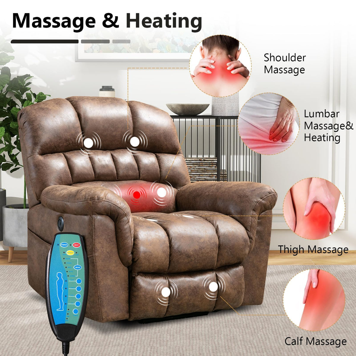 HAOMARKETS Oversized Power Leather Lift Recliner with Massage and Heat for Elderly, Electric Lifting Reclining Chair with Side Pockets and USB Port for Living Room, Brown
