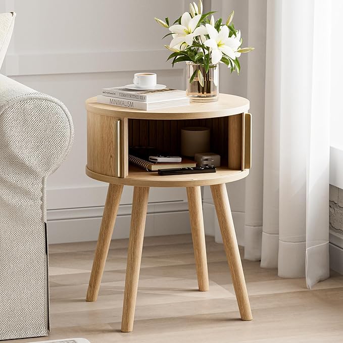 Mid-Century Round Side Table with Sliding Door