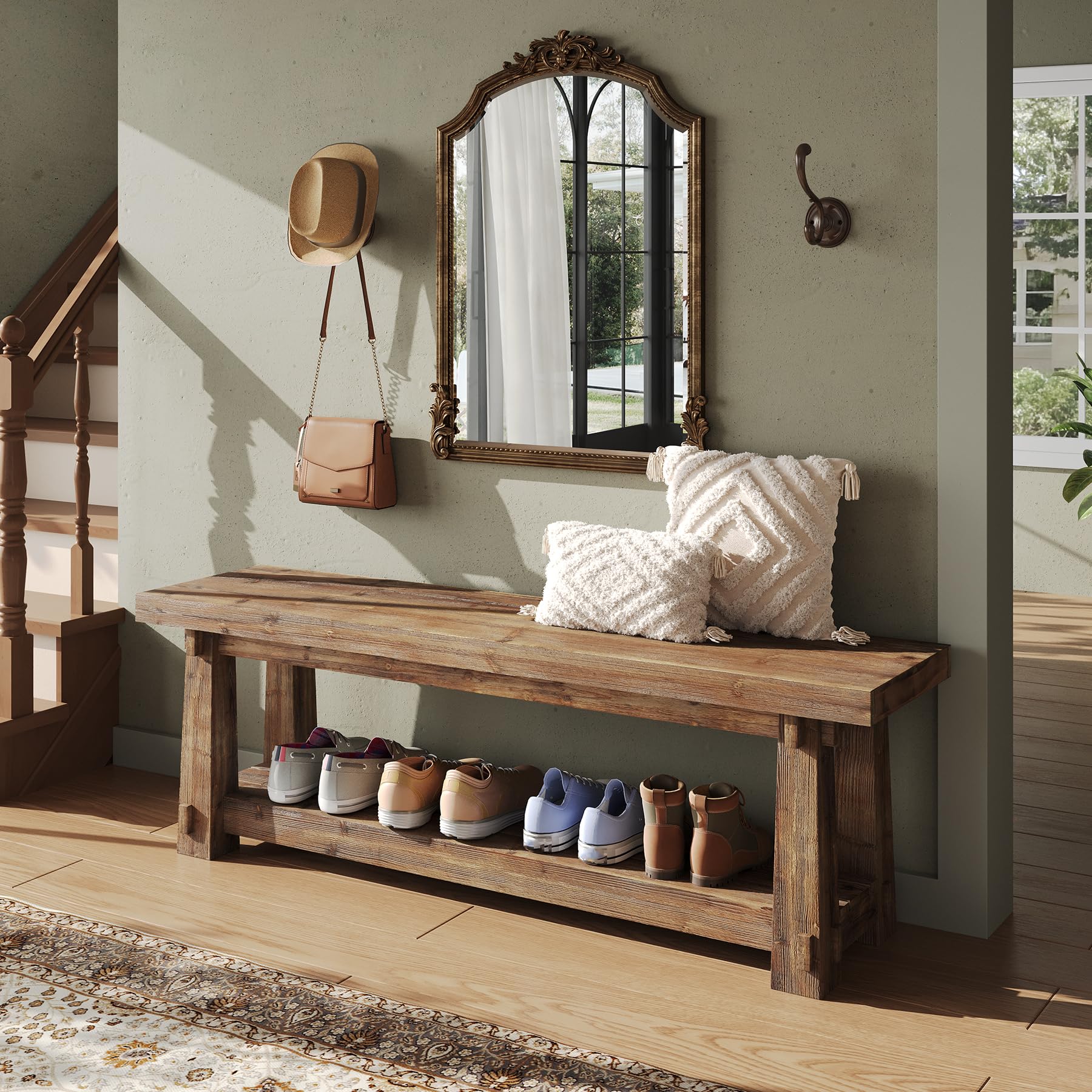 TRIBEWOOD 55" Solid Wood Entryway Bench with Shoe Storage, Rustic Wood Grain Shoe Rack Window Bench Seat for Foyer, Hallway, Mudroom, Bedroom, Easy Assembly (Rustic Light Wood)