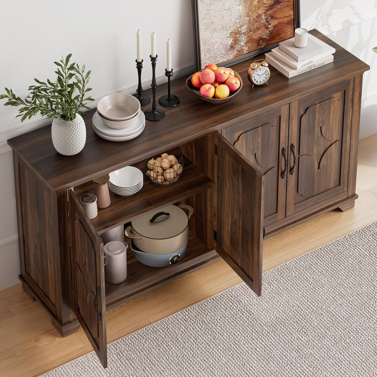ONBRILL 63 Inch Buffet Cabinet with Storage, 4 Carved Doors, Brown