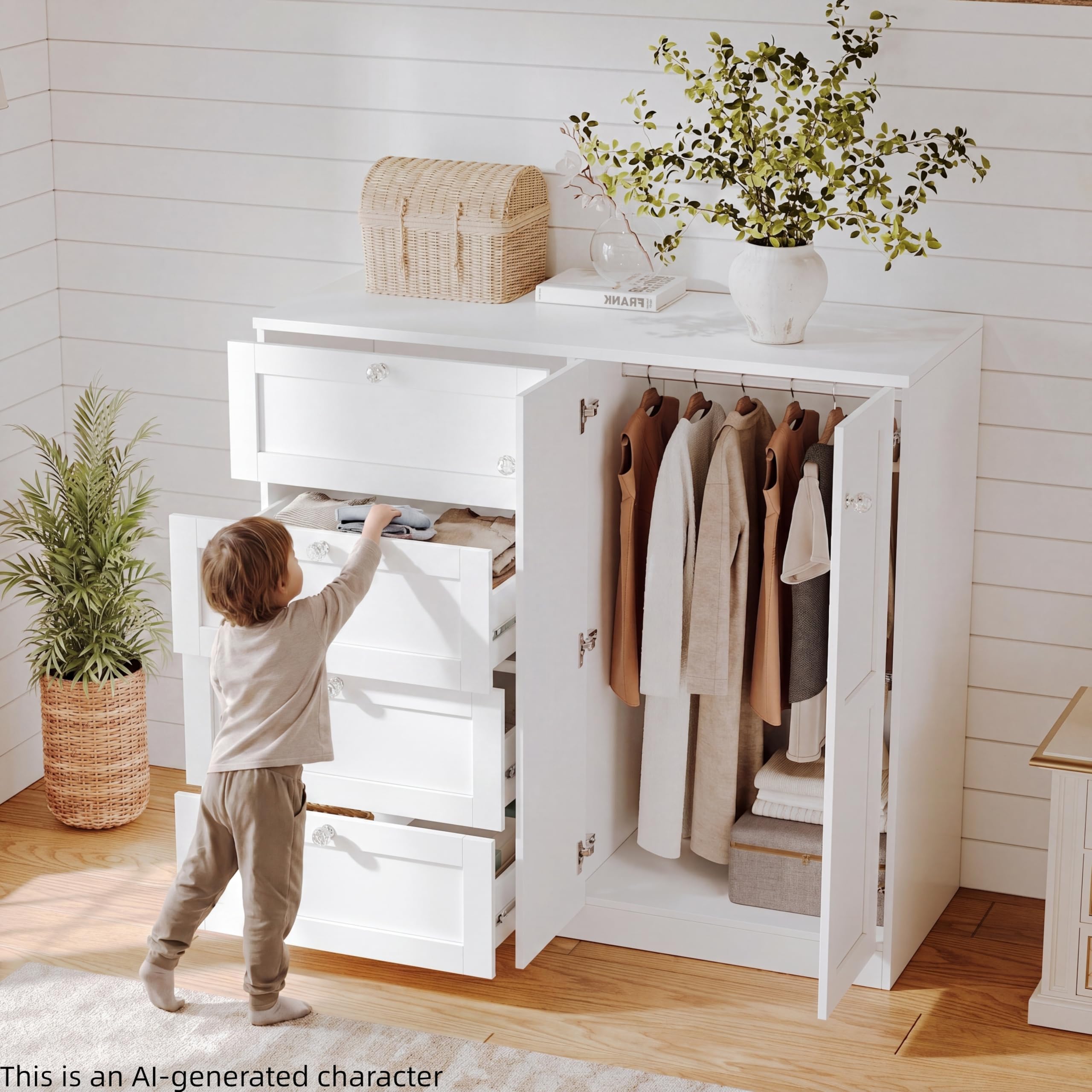 VOWNER Armoire Wardrobe Closet with 4 Drawers and 2 Doors, 43''H Clothing Storage Cabinet Dresser with Hanging Rod, Cothes Wardrobe for Bedroom, Baby Closet, White