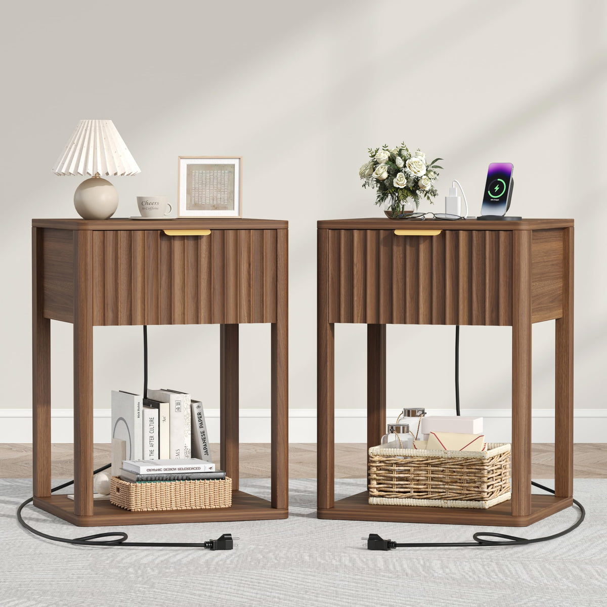 Akxomel Nightstand Set 2 with Charging Station Fluted Bedside Table Walnut