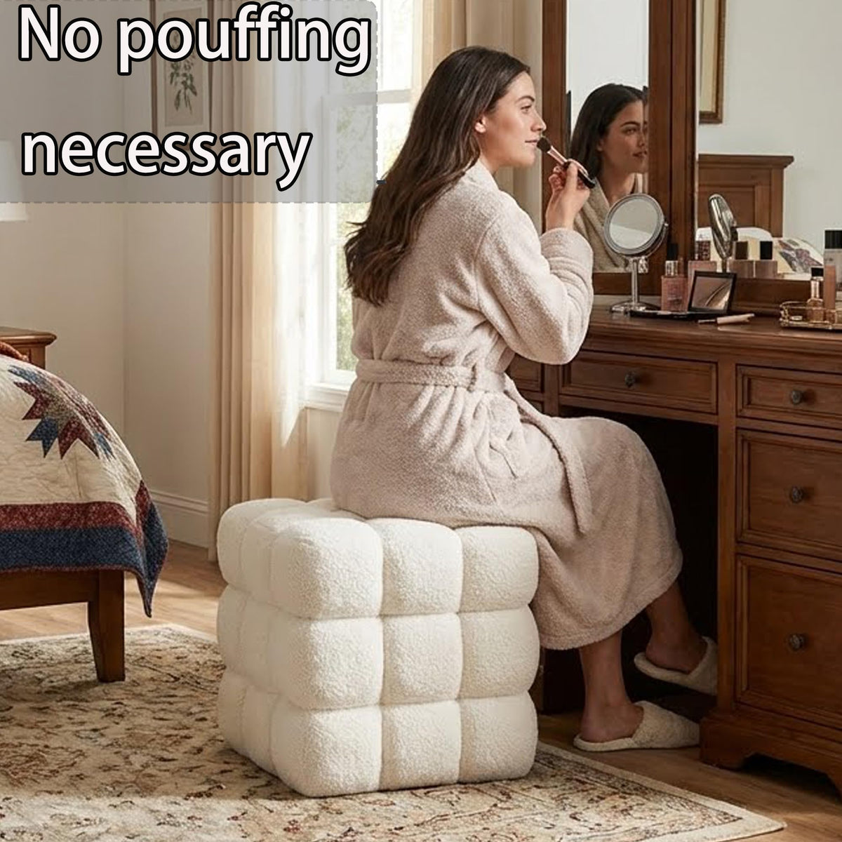 ALPOME White Sherpa Square Ottoman - 17.3" Large Boucle Cube Pouf with Sturdy Wood Frame, 330lbs Capacity Modern Fuzzy Vanity Stool & Footrest for Living Room, Bedroom - Fully Assembled