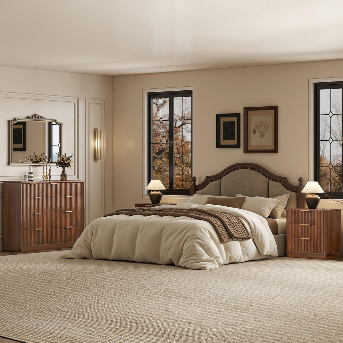 LYNCOHOME Fluted Tall Dresser for Bedroom, 9 Drawer Chest of Drawers,Walnut
