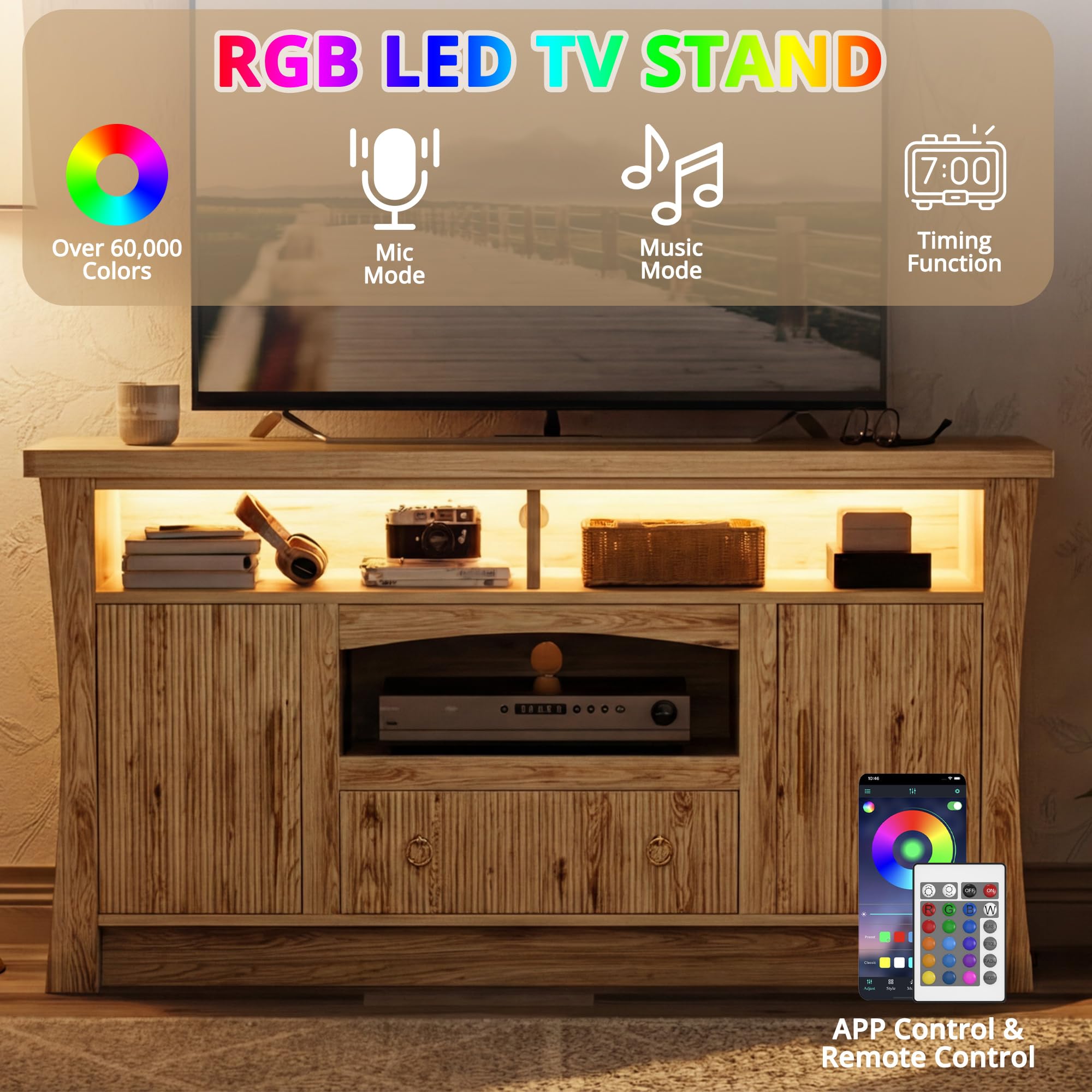 TV Stand with LED Lights & Power Outlet – Fits up to 65"