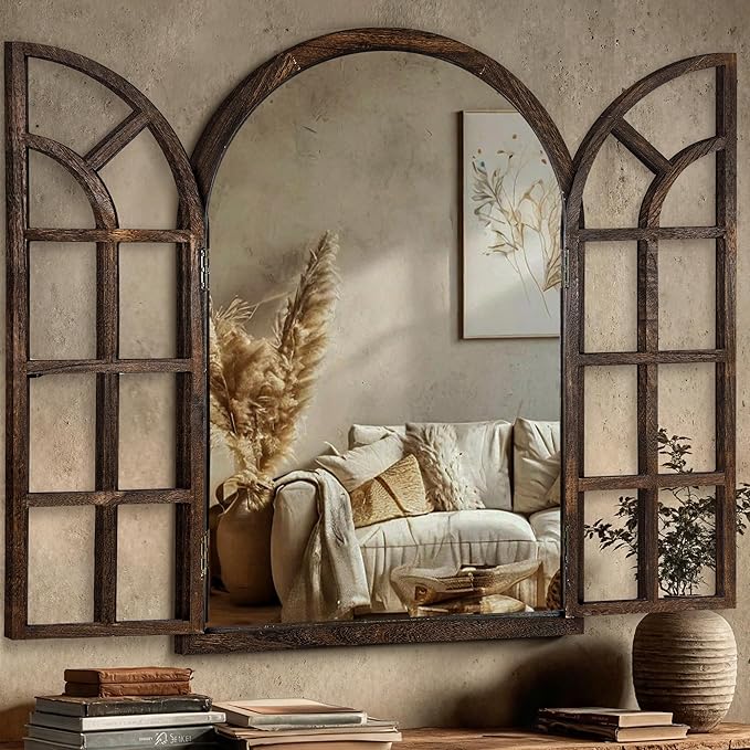 Arched Farmhouse Wall Mirror with Wood Frame
