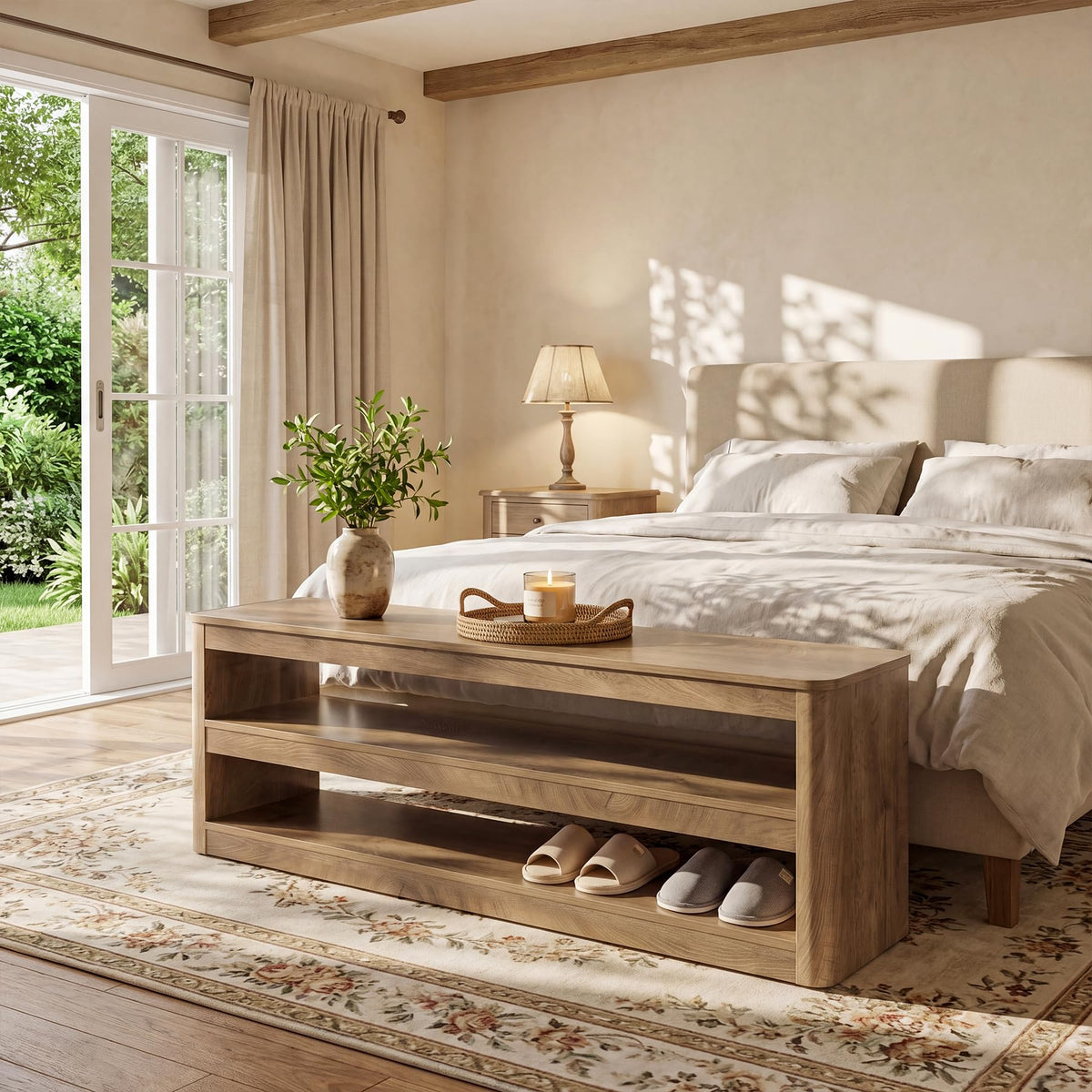 Tribesigns 55" Farmhouse Entryway Bench, 3-Tier Open Storage Shoe Bench with Rounded Corners, Wood Look Indoor End of Bed Seat for Entrance, Hallway, Foyer, Bedroom (Walnut Brown)