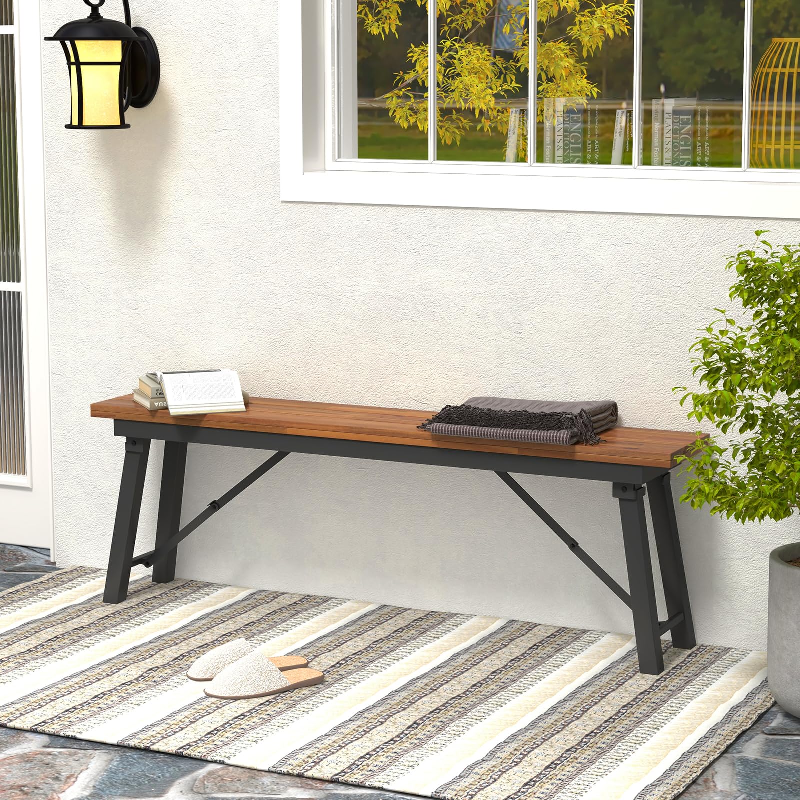 Folding Acacia Wood Outdoor Bench, Set of 2