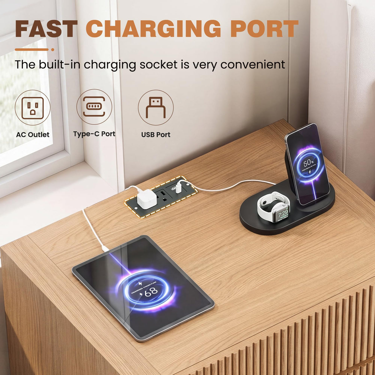 Apicizon 23.6'' Wide Fluted Nightstand with Charging Station, Natural
