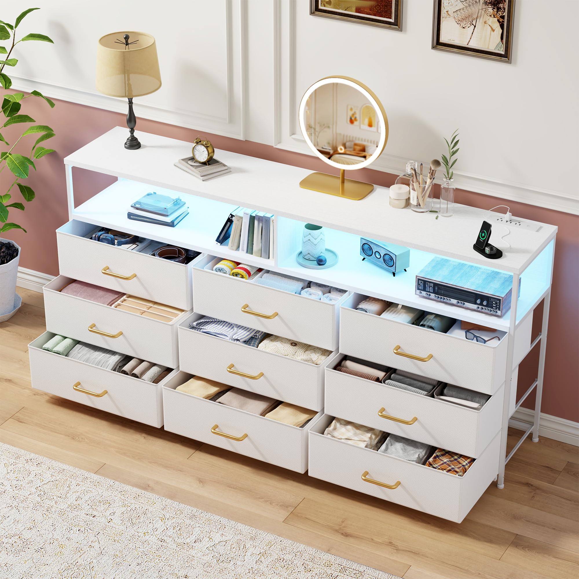 EnHomee 55" W White Dresser for Bedroom with Charging Station & LED Light, 65 Inch TV Stand with 9 Fabric Drawers, Sturdy Dressers & Chest of Drawers with 2 Wood Open Shelves,55.12" Wx11.81 Dx35.43 H