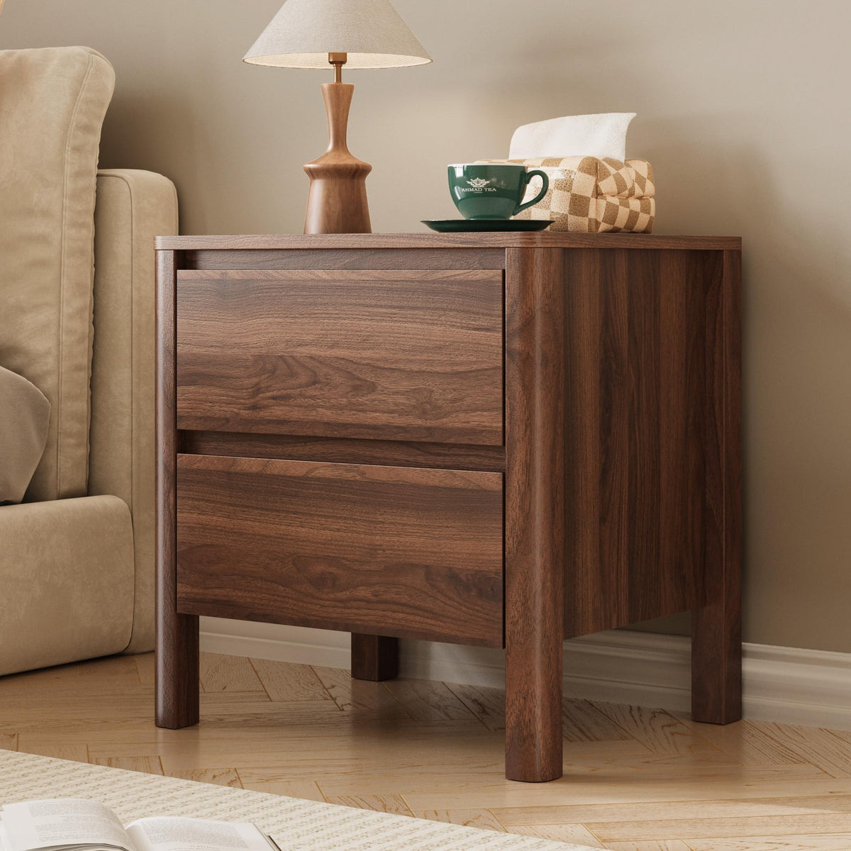 Walnut 2-Drawer Nightstands, Set of 2
