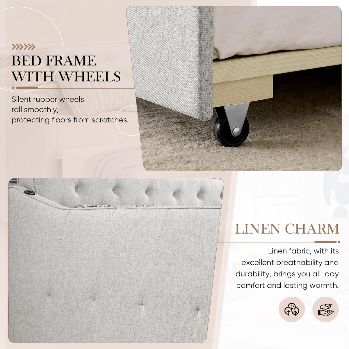 Antetek Daybed with Pop up Trundle, Fabric Upholstered Twin Size Day Bed Pull-Point Sofa Daybed Frame w/Twin Roll-Out Trundle/USB Port, Furniture for Bedroom, Living Room, Guest Room, Beige