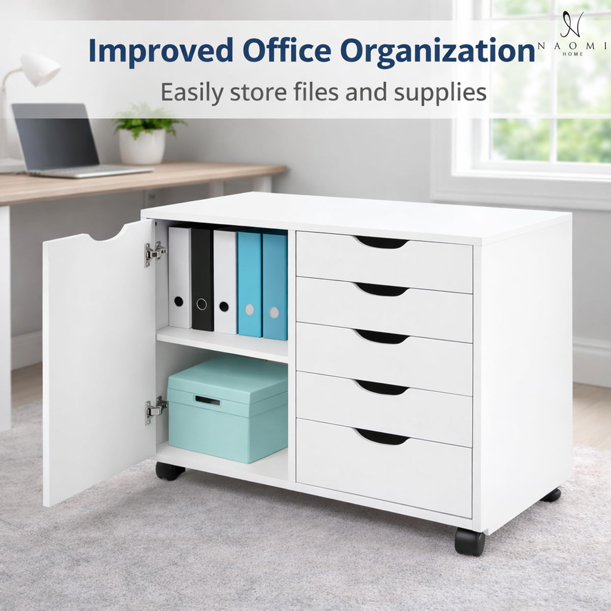 Naomi Home Amy 5-Drawer Rolling Office File Cabinet - White