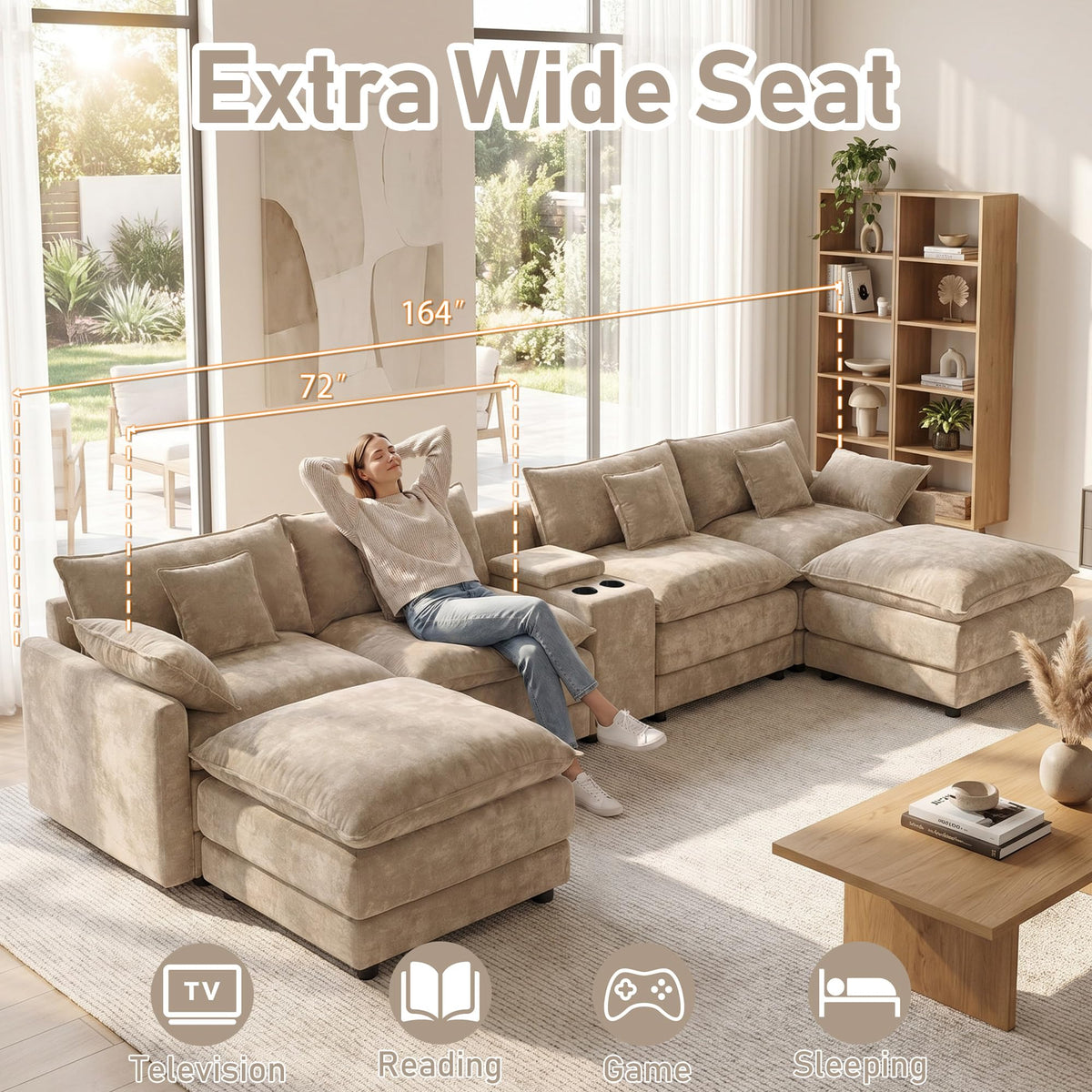 ONEMMLION 163" Oversized Cloud Sectional Couch for Living Room, Light Brown