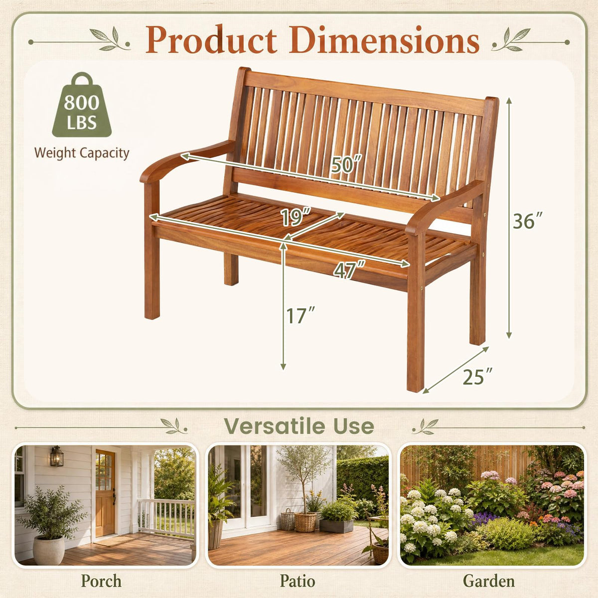 COSTWAY Wooden Bench Outdoor, Curved Armrest & Backrest, Teak Colored