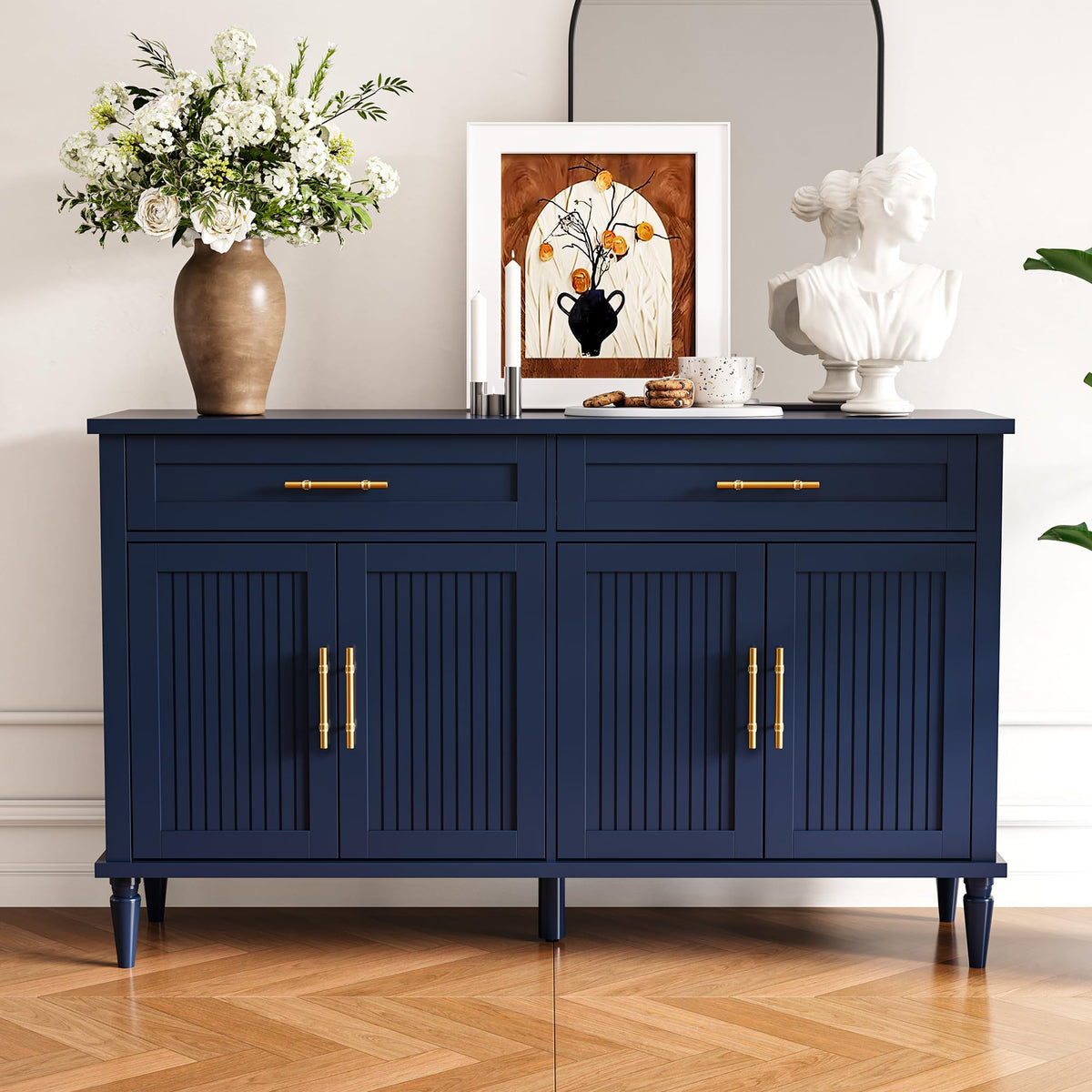 ZOSQUARE 58 Inch Sideboard Buffet Cabinet with Storage, Fluted Buffet Storage Cabinet with 2 Drawers and 4 Doors, Modern Coffee Bar with Adjustable Shelves for Living Room, Kitchen (Blue)