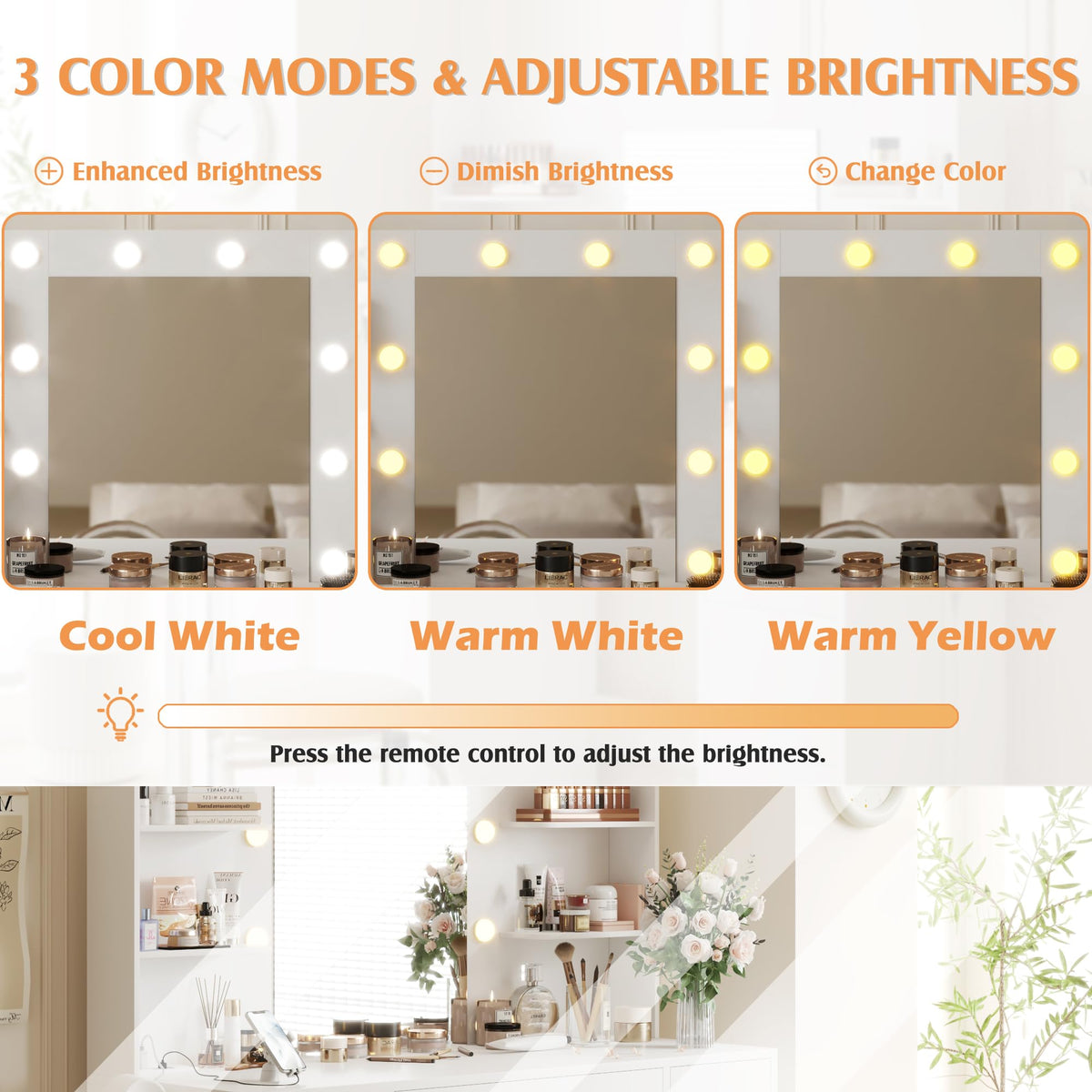 YESHOMY Vanity Desk with Mirror, Outlet, 10 Lights & 7 Drawers,Pure White