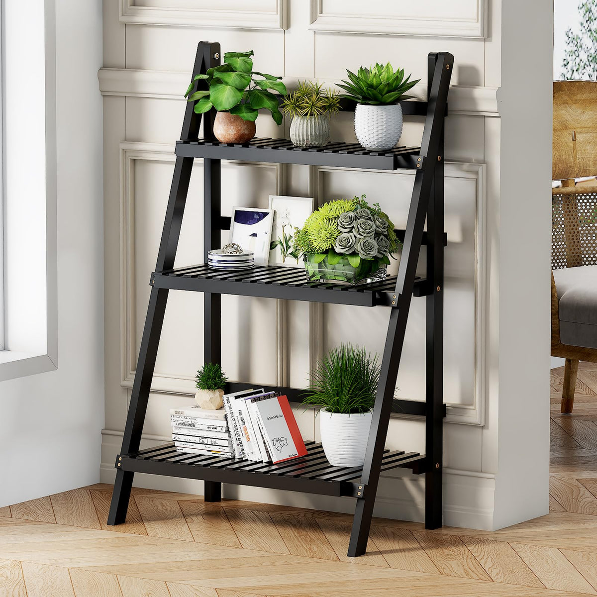 39.4" Foldable Ladder Shelf Plant Shelf, 3 Tier Bamboo Ladder Bookshelf