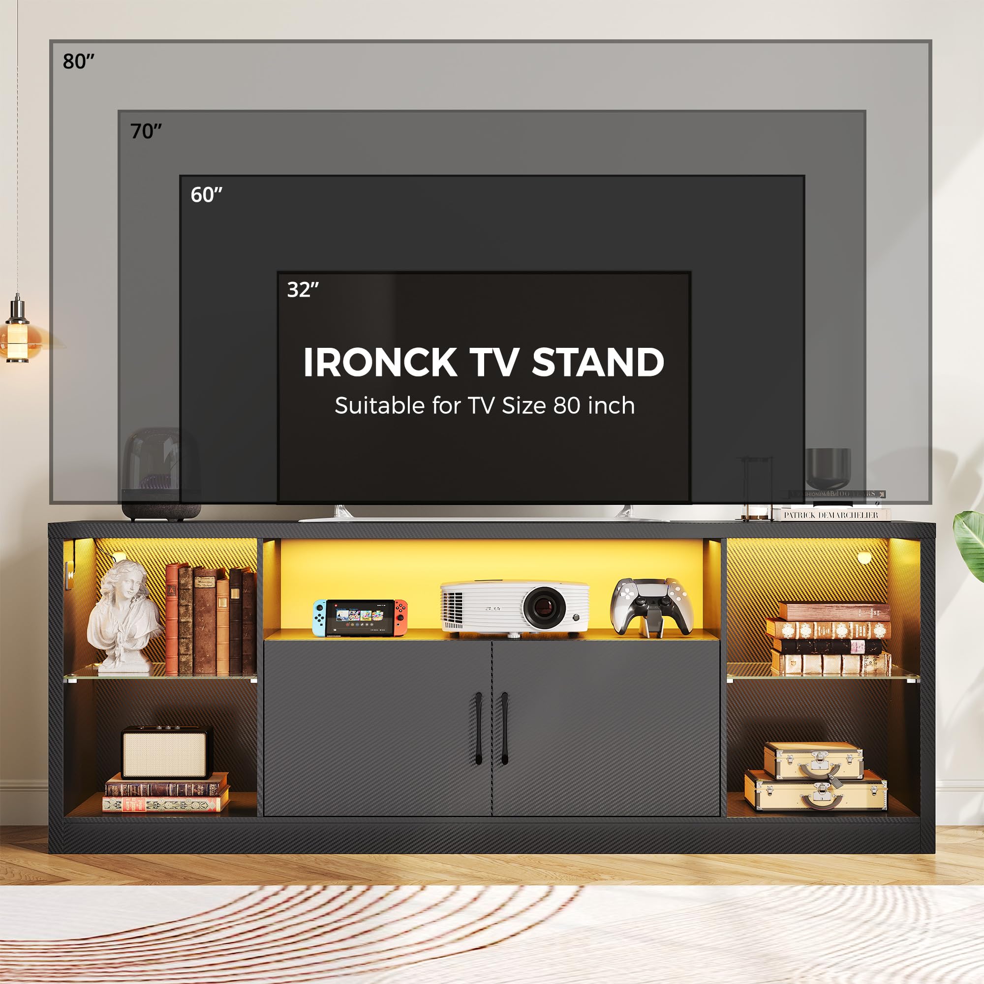 IRONCK TV Stand for TVs 80 inch with Power Outlet and LED Lights, Carbon Fiber Entertainment Center with Storage Cabinets, Adjustable Glass Shelves, Modern TV Stands for Living Room, Black