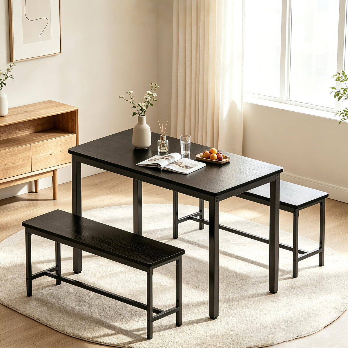 Minicloss Dining Table Set for 4, 3 Piece Dining Room Table Set for Space-Saving, Modern Kitchen Table with 2 Benchs for Apartment Breakfast Nook and Samll Space, Black