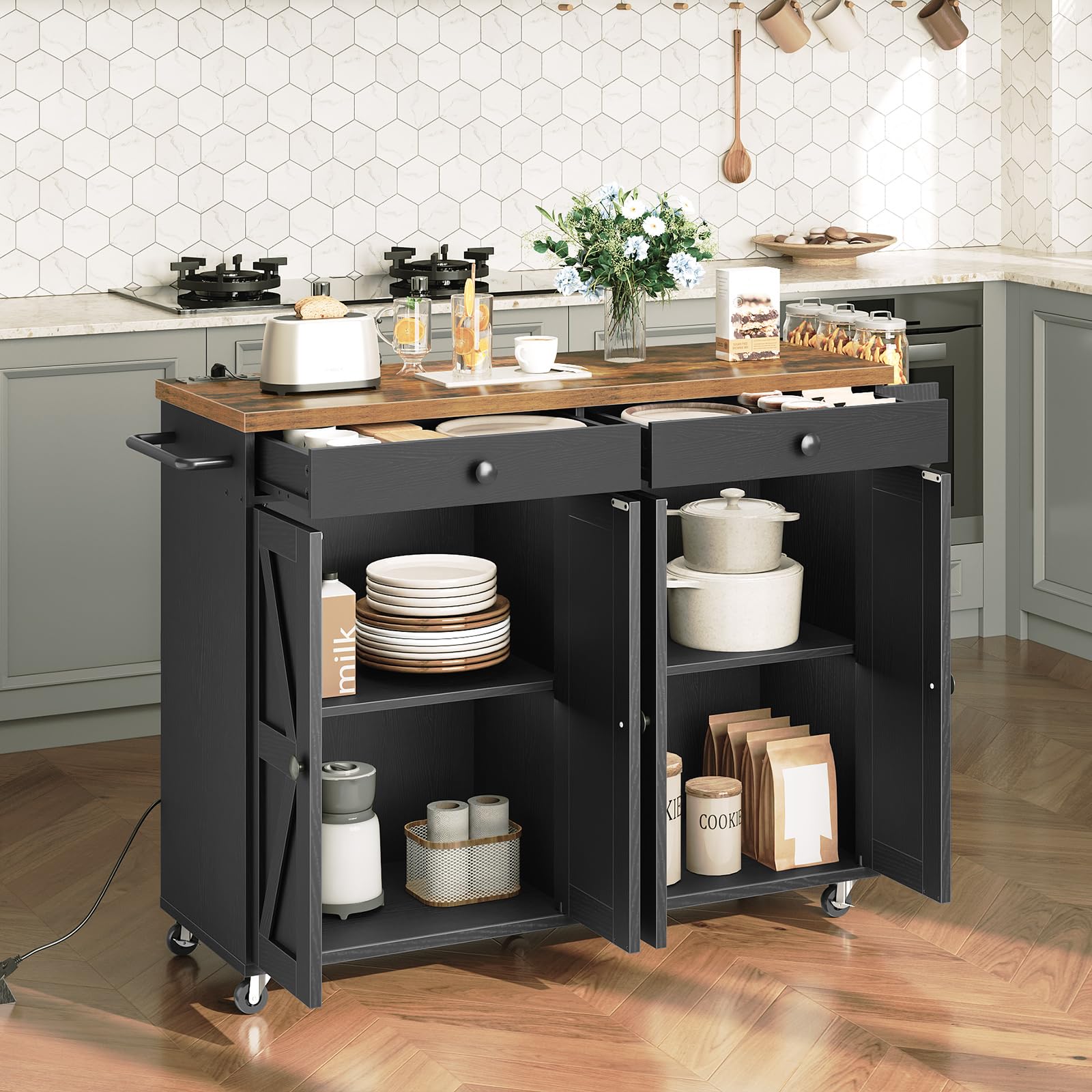 Kitchen Island with Power Outlet and Storage