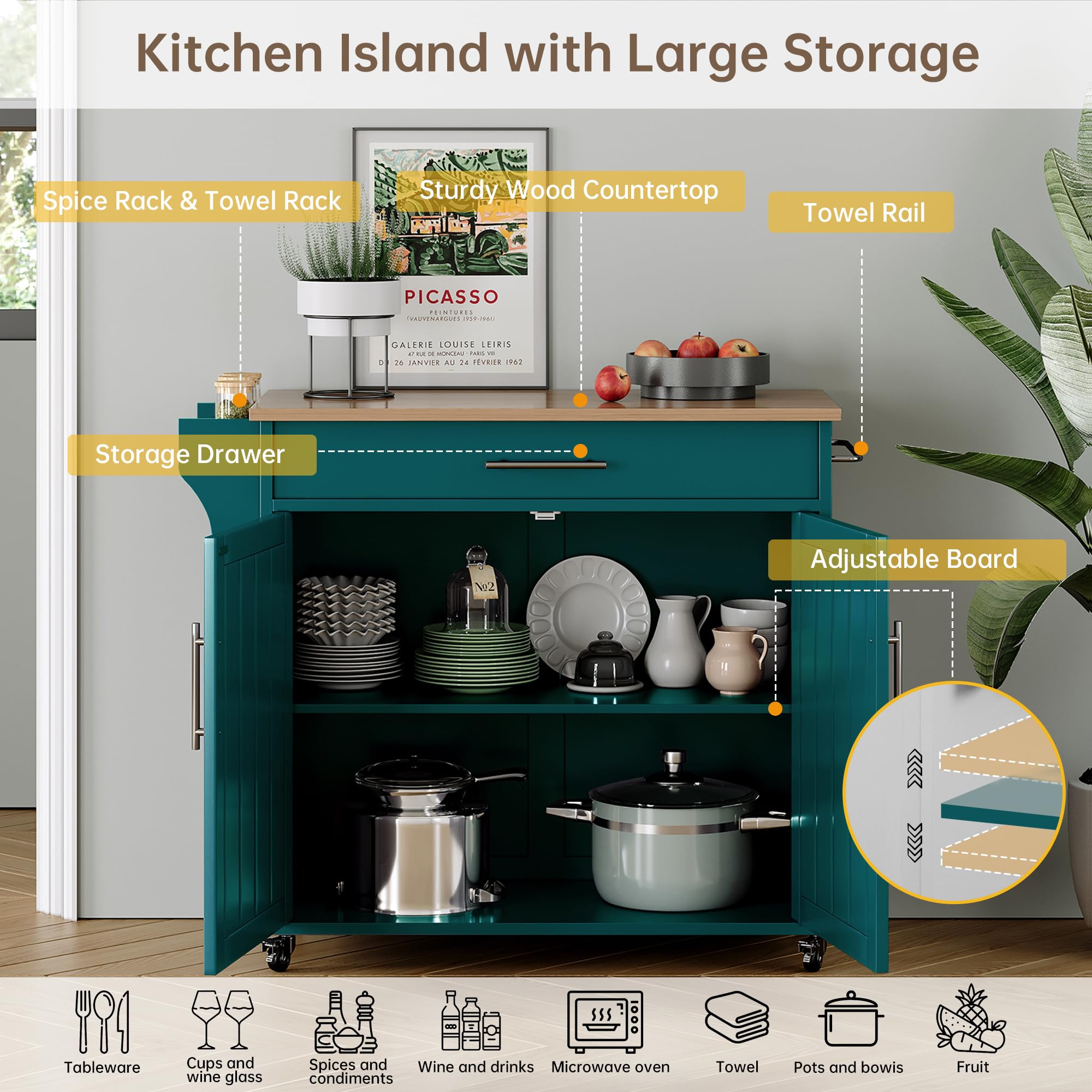 Rolling Kitchen Island Cart with Storage
