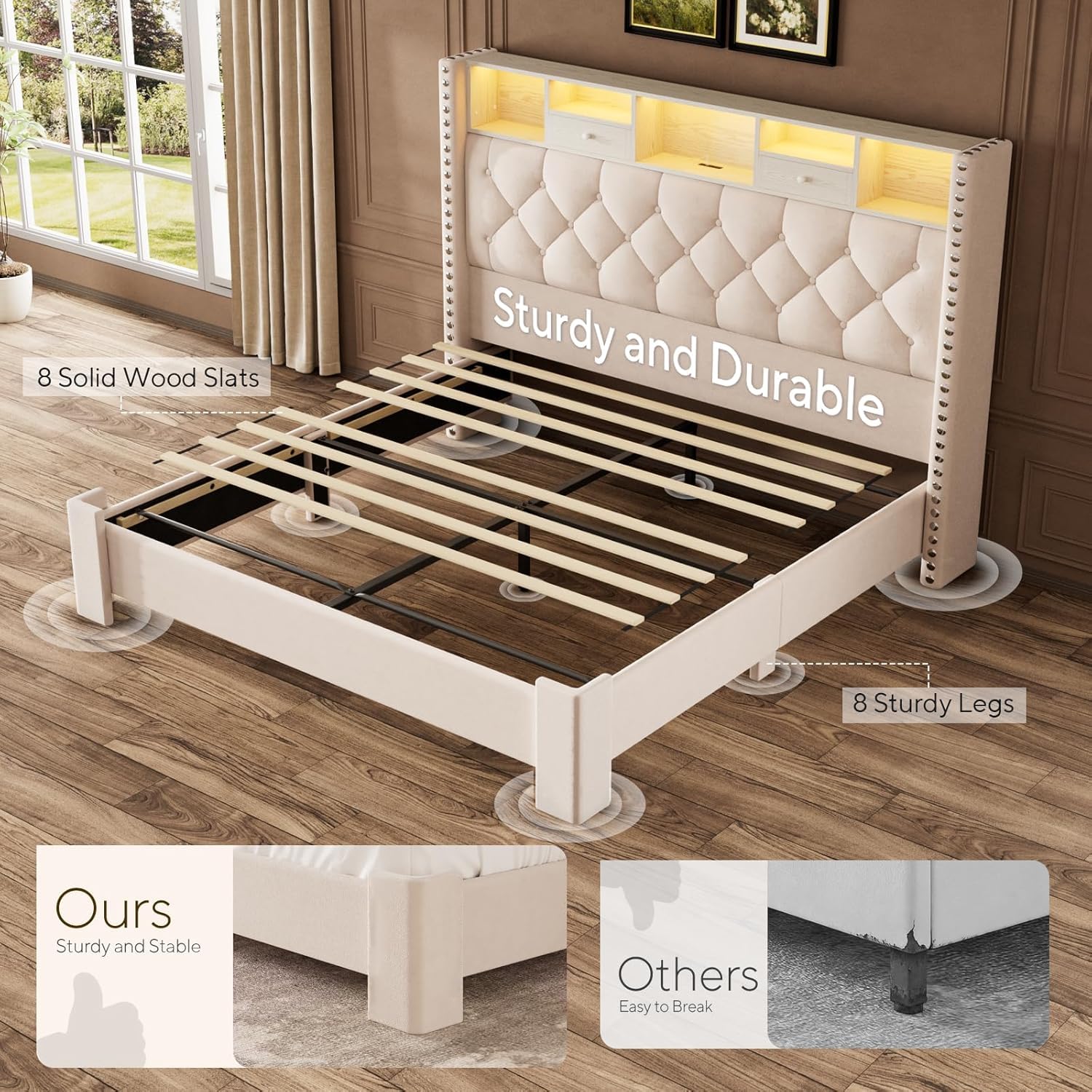 Upholstered Wingback Bed Frame with Storage & LED