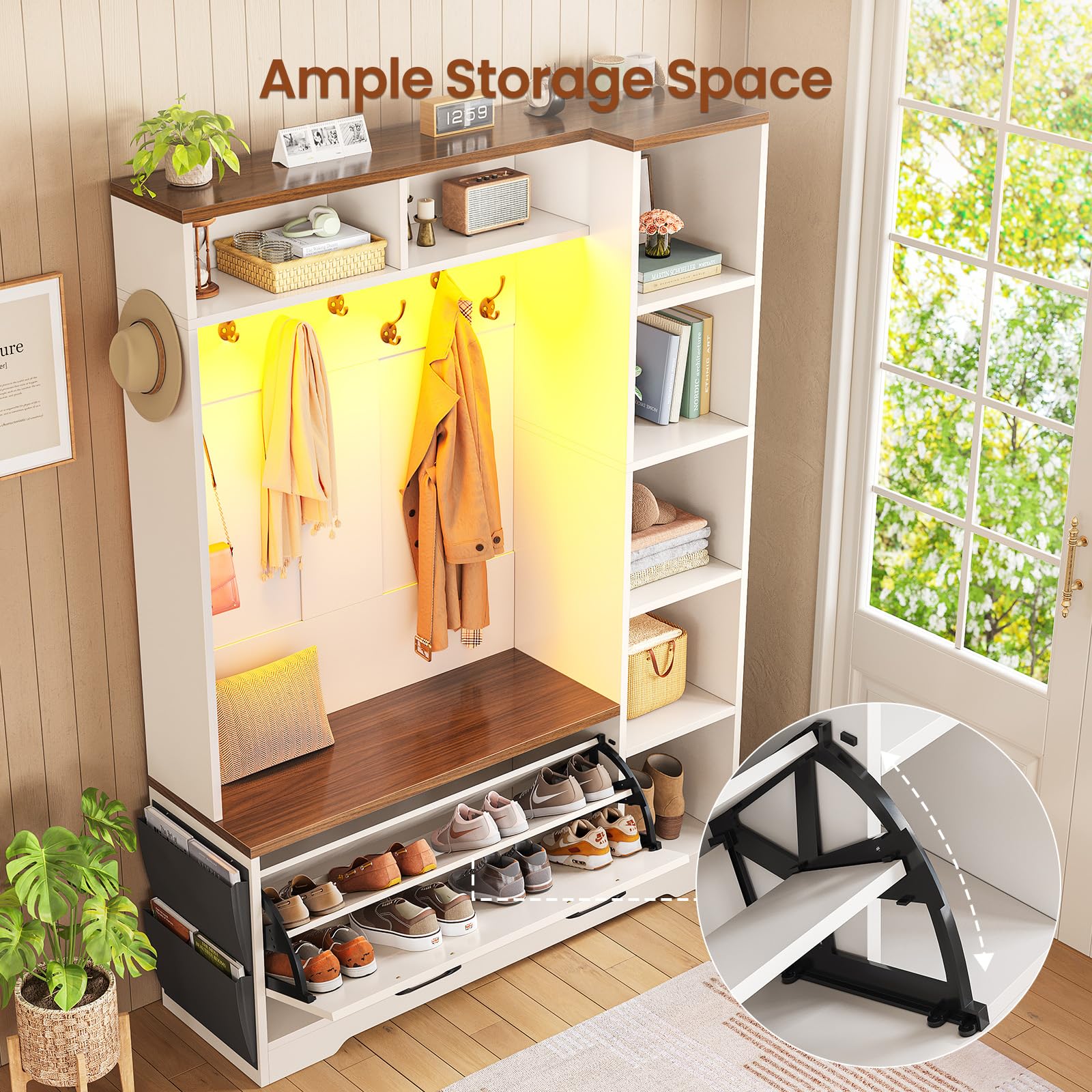 6-in-1 Farmhouse Hall Tree with Bench, Flip Shoe Cabinet, 10 Hooks & LED Lights