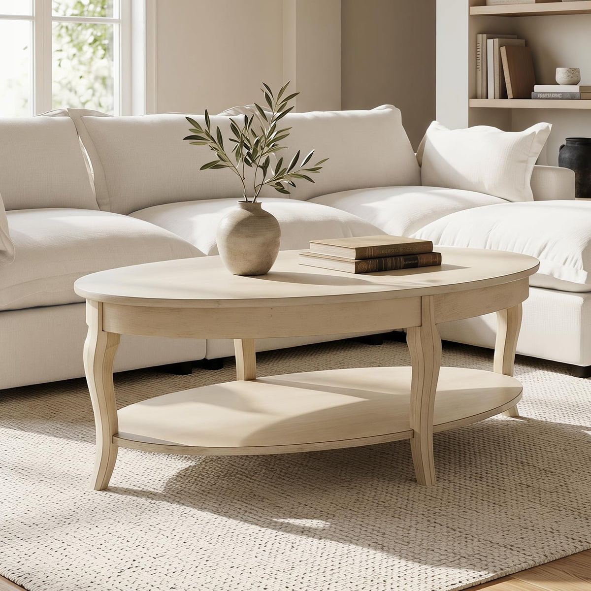 Oval Solid Wood Coffee Table with Storage