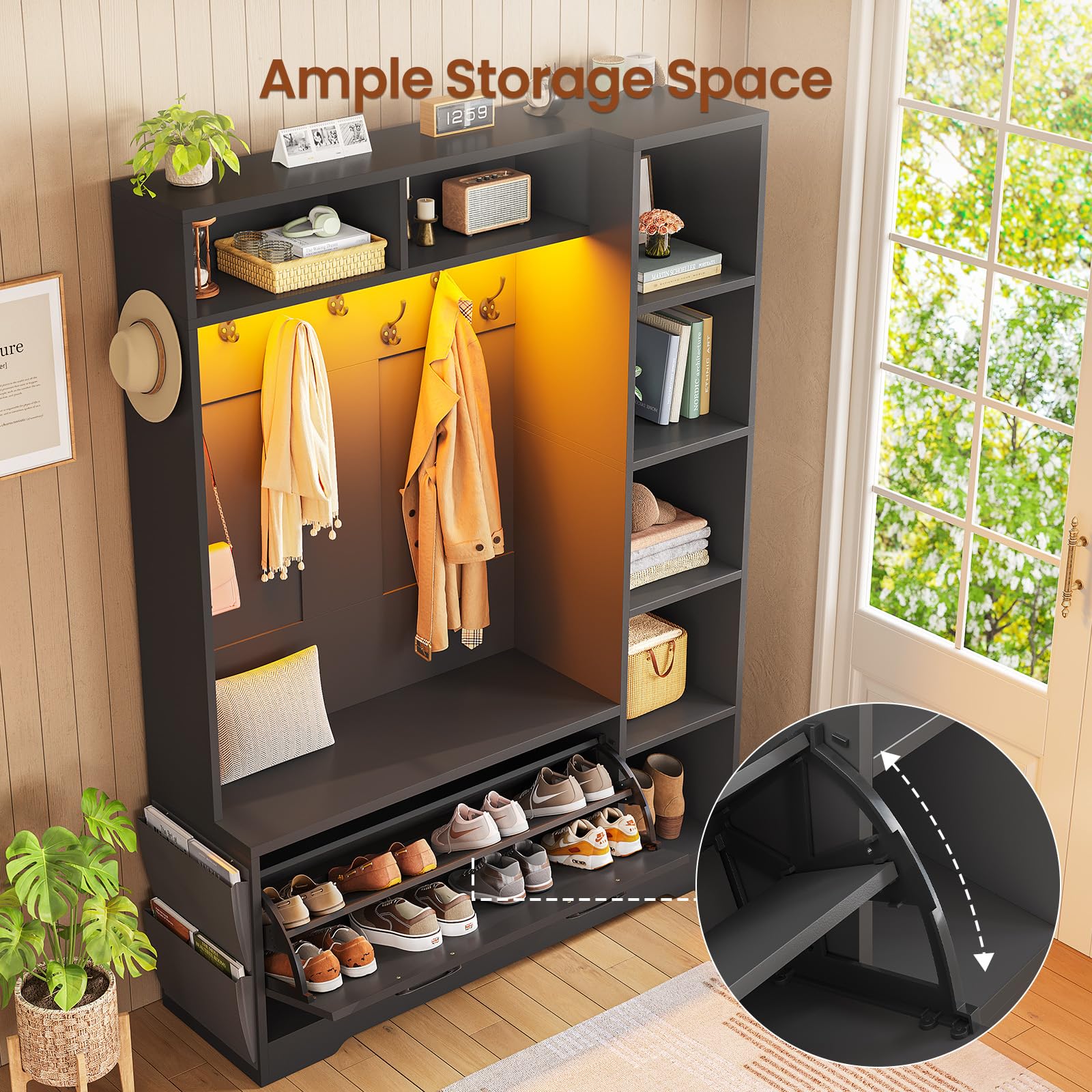 Hall Tree with Bench, Shoe Storage & LED Lights