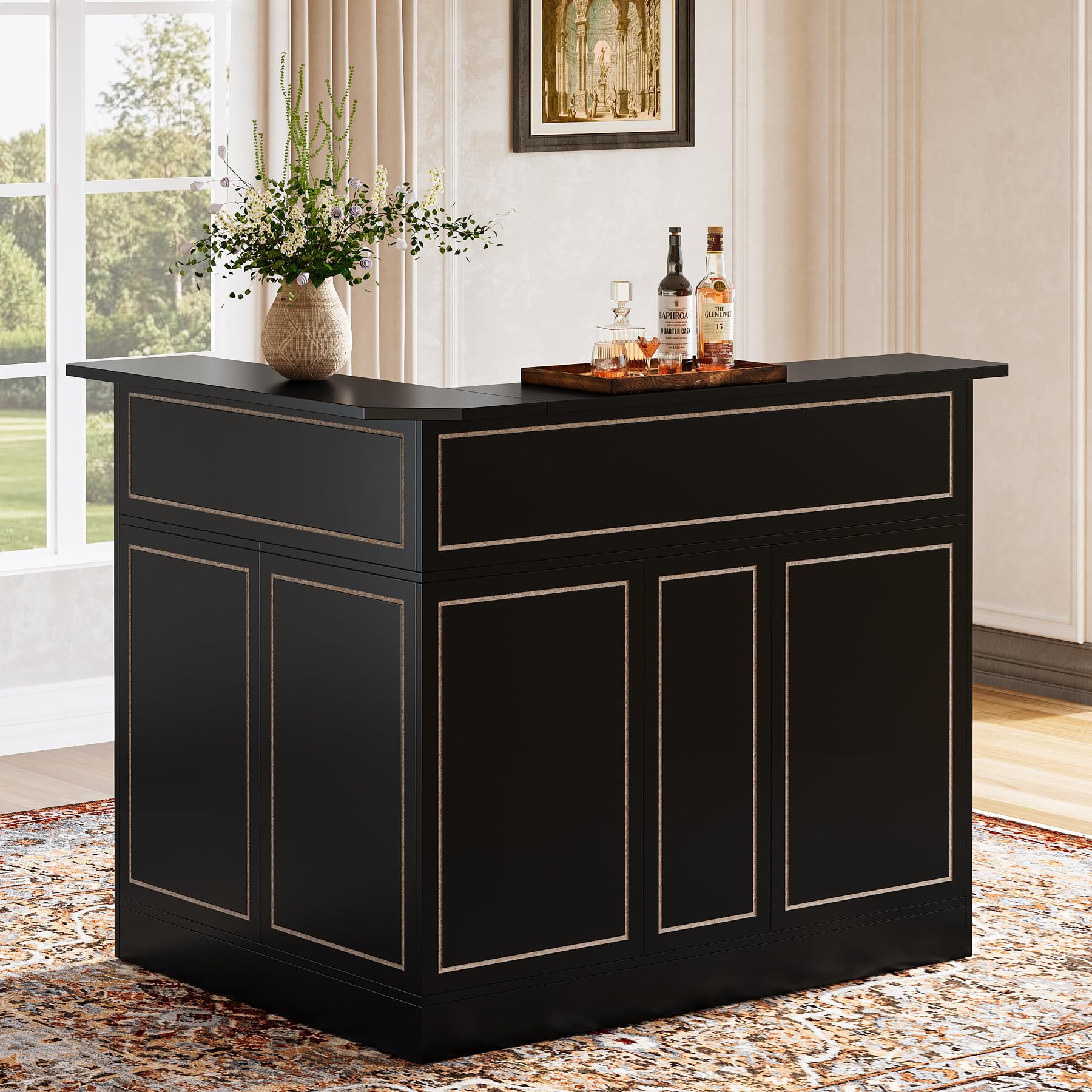 L-Shaped Corner Bar Cabinet with Stemware Racks