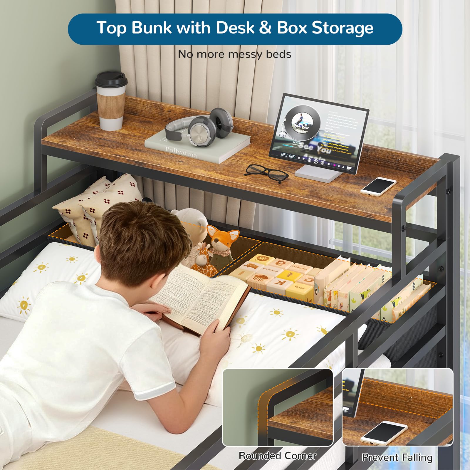 Triple Twin Bunk Bed with LED Lights & Storage