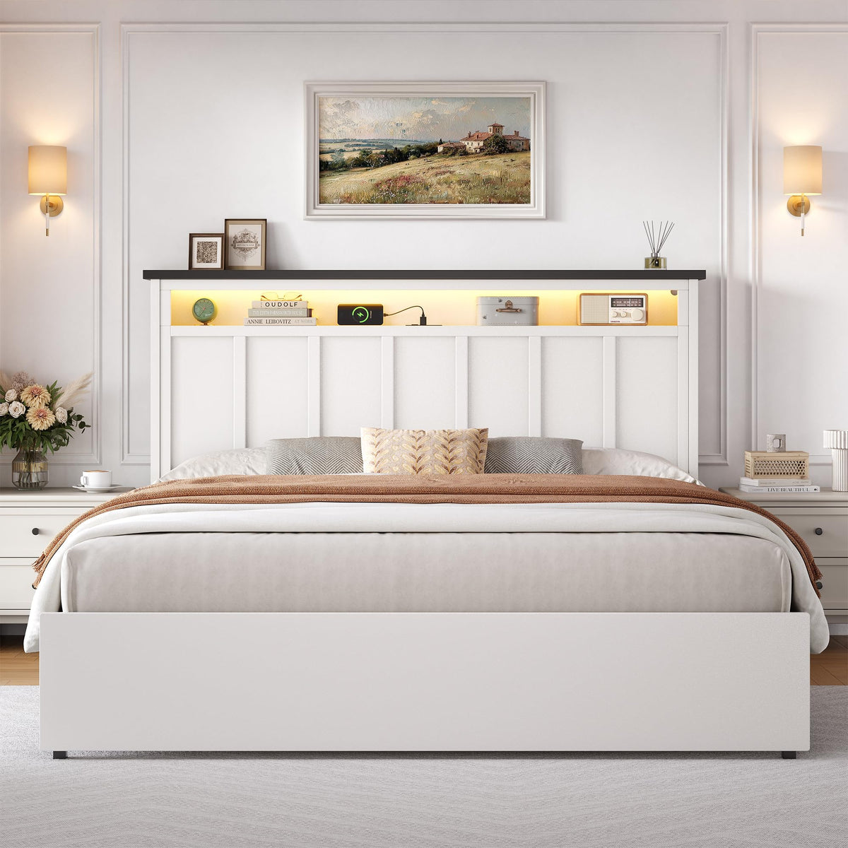 Glirun Queen Bed Frame with 2-Tier Storage Headboard, White