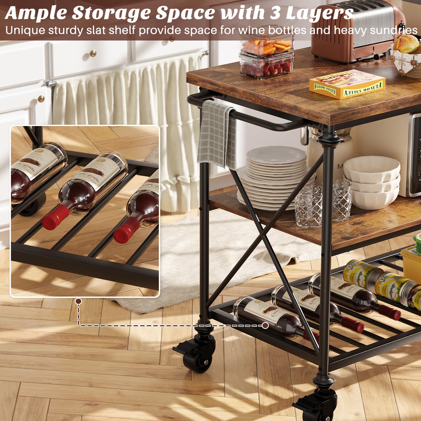 3-Tier Rolling Kitchen Island with Pipe Legs