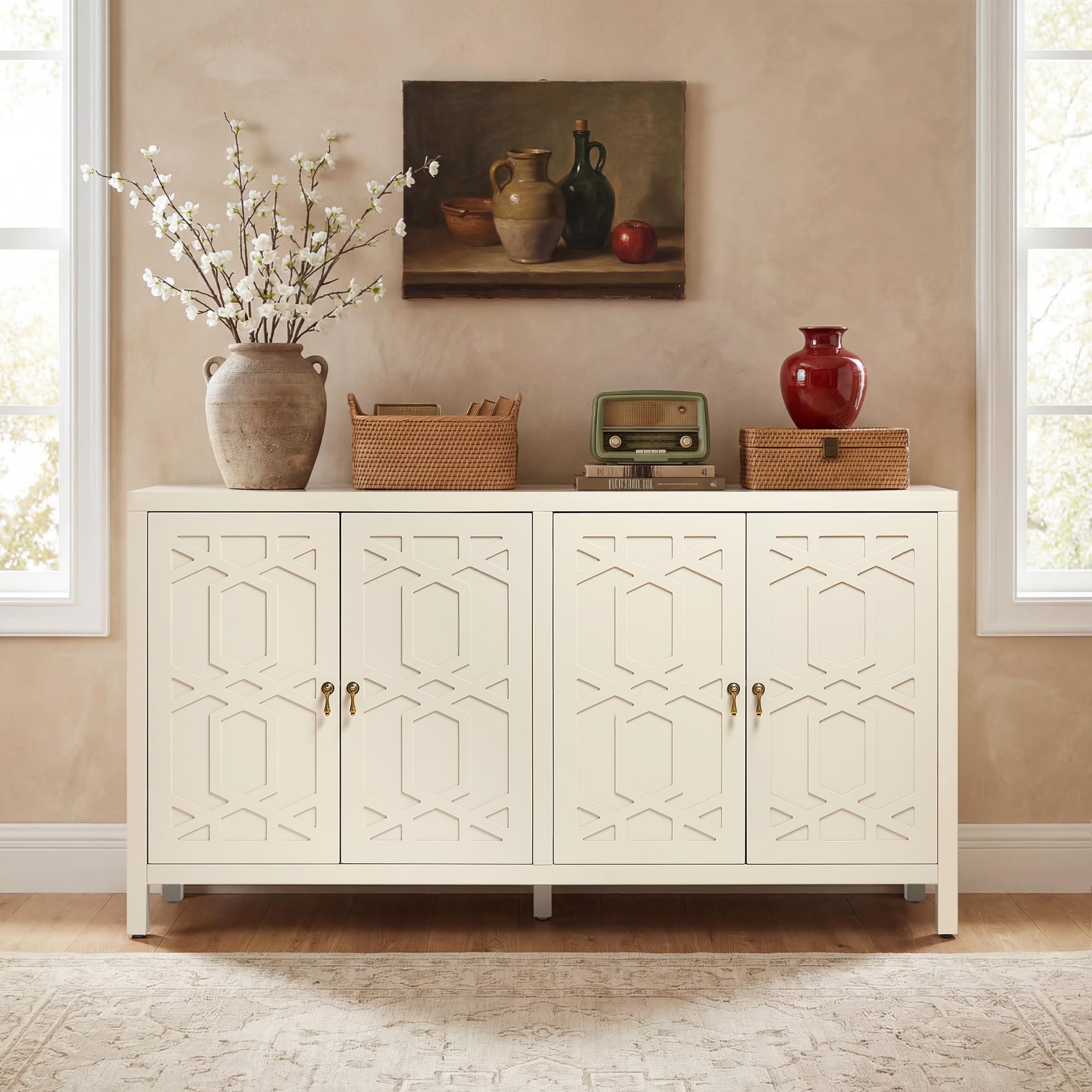 RoyalCraft Buffet Cabinet with Storage, 60" W Modern Coffee Bar Sideboard with 4 Doors & Adjustable Shelves, Painted Wooden Credenza for Dining Room, Kitchen, Living Room, Beige