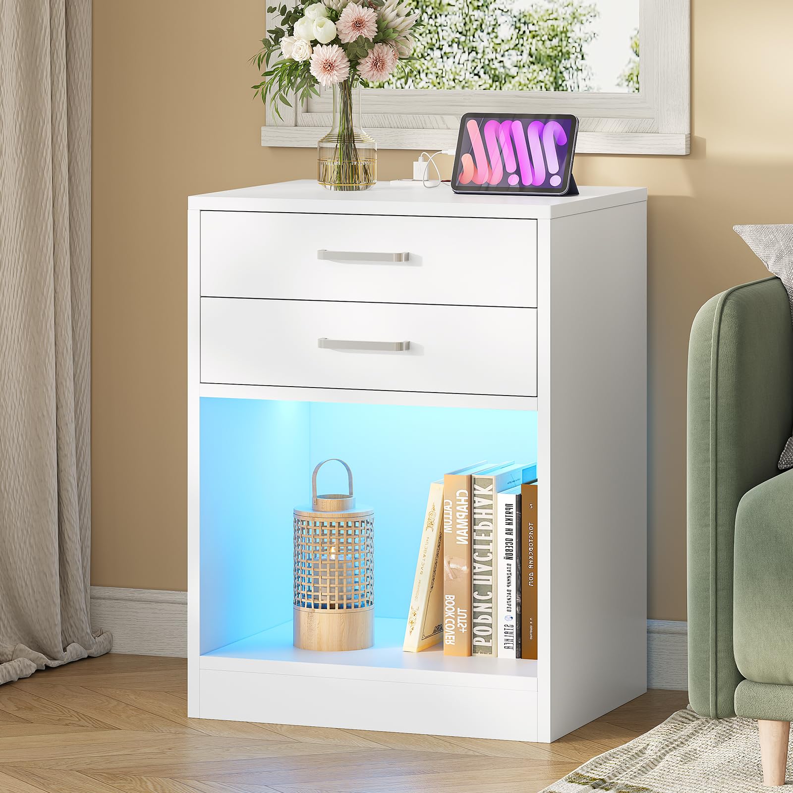 ADORNEVE LED Nightstands Set of 2,Night Stands for Bedrooms Set of 2,Nightstand with Charging Station and LED Lights,White Bedside Table with Power Outlets & Drawers,Modern End Side Table