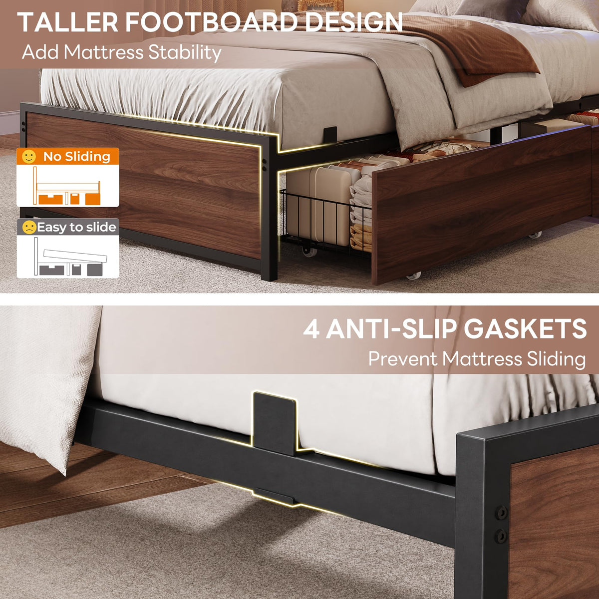 LIKIMIO Twin XL Bed Frames with 2 Large Drawers, Charging Station & RGB LED