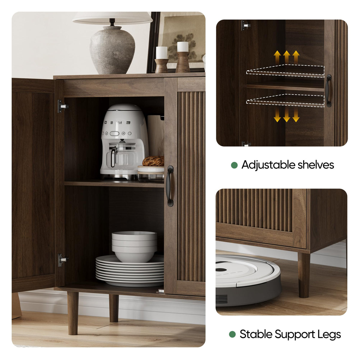 Algherohein Sideboard Cabinet with Adjustable Shelf, Freestanding Small Buffet with Storage, Wooden Console Cabinet with Gradien Fluted Doors for Living Room, Entryway, Console 31.5 in (Walnut)