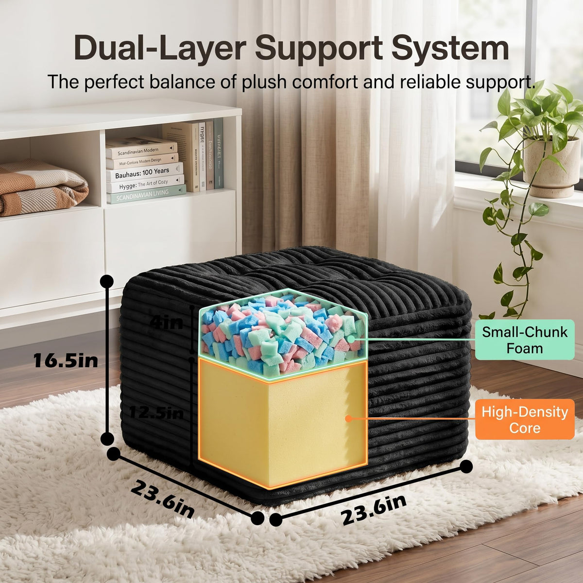 OXVIT 23.6in Pouf Ottoman, Corduroy Ottoman Foot Rest Footstool, Black