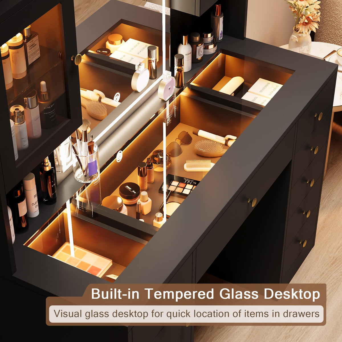 Black Glass-Top LED Makeup Vanity