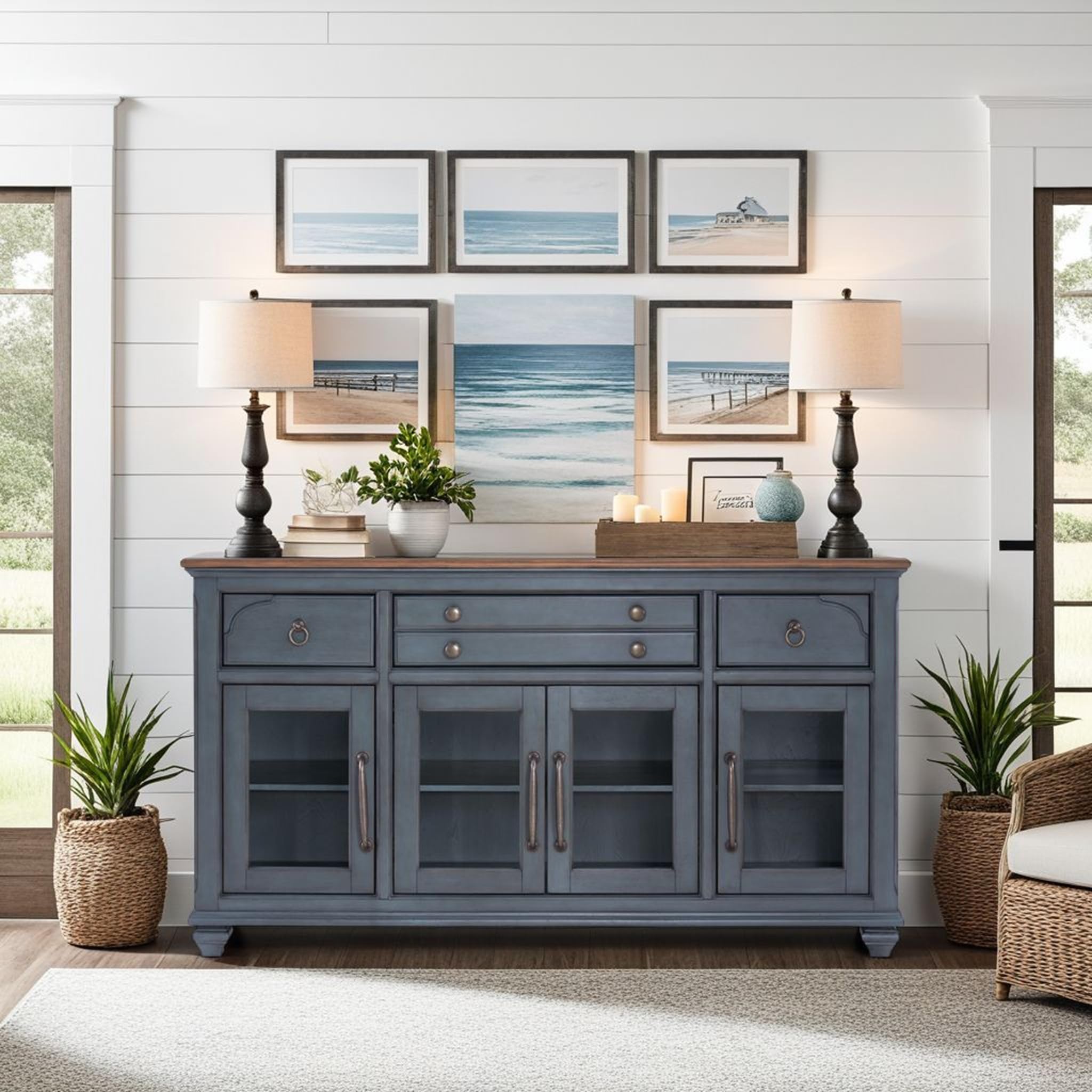 Bridgevine Home Americana Farmhouse Server Cabinet – 66” Wood Buffet Sideboard with Glass Doors, 3 Drawers & 4 Door Storage, Fully Assembled Dining Room Cabinet, Two-Tone Finish, Soft-Close Hinges