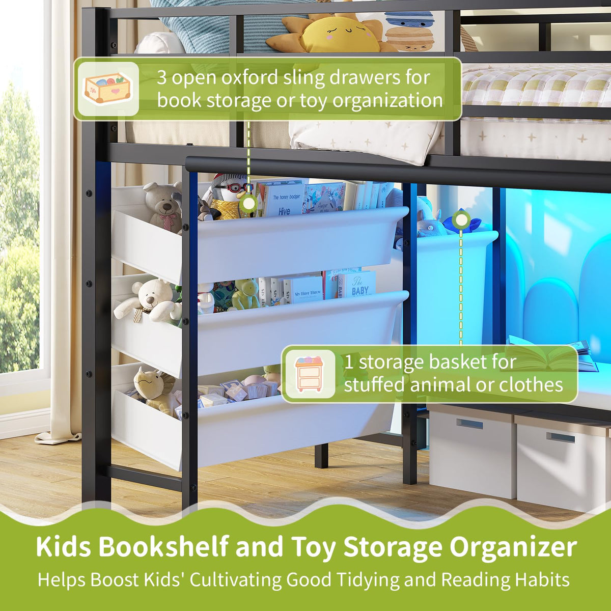 DICTAC Low Loft Bed Twin Size with Storage Bins and Reading Corner, Black