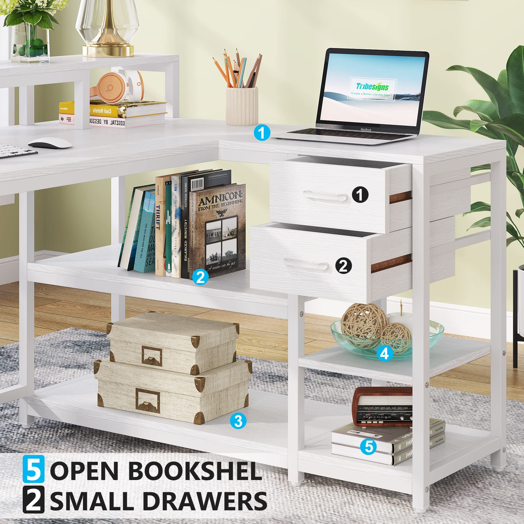 Tribesigns 55-inches Reversible L Shaped Desk with Drawer, Modern White L Corner Desk Home Office Table with Storage Shelves and Monitor Stand, Wooden and Metal PC Desk for Small Space
