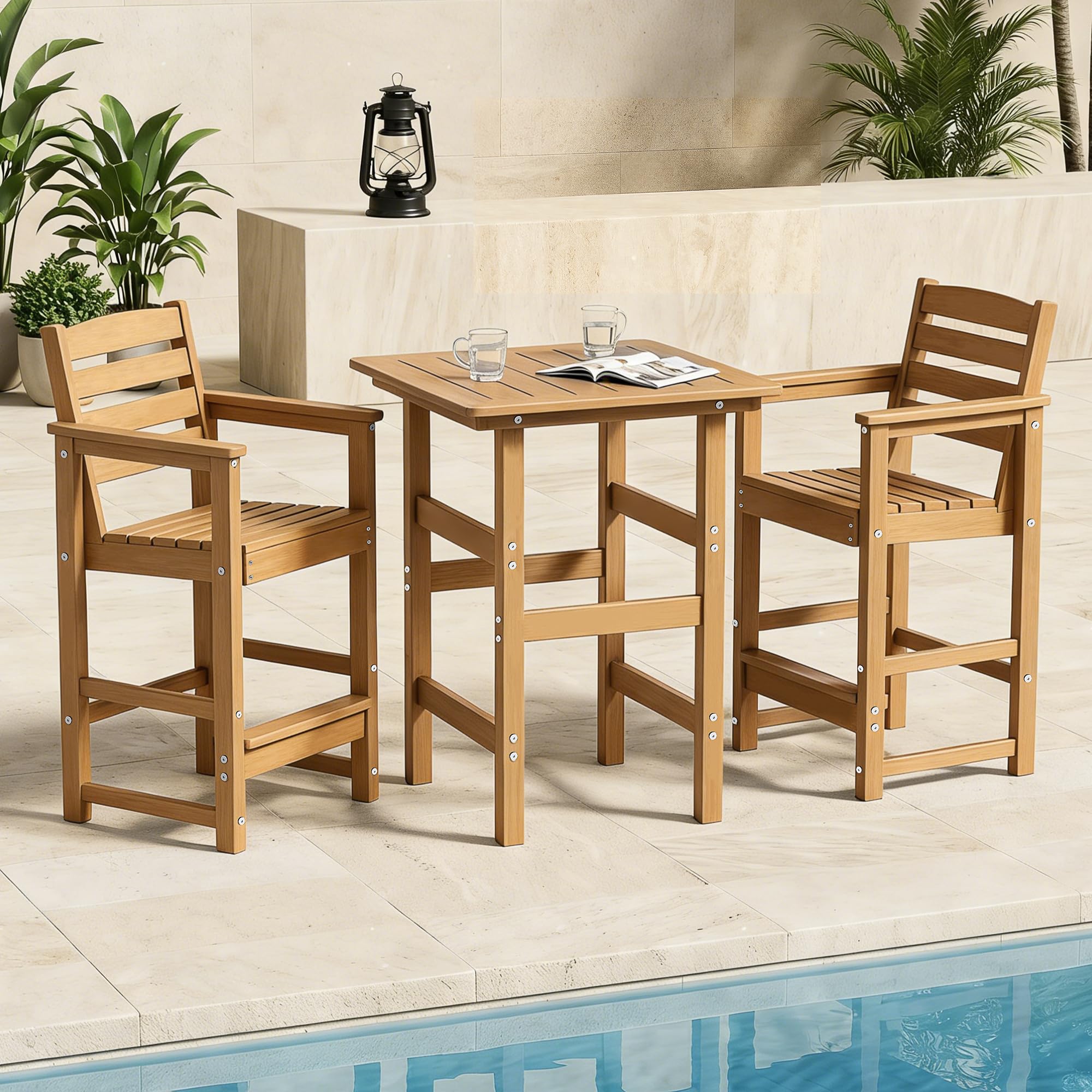 3-Piece Outdoor HDPE Patio Bar Set with 2 Chairs and Table