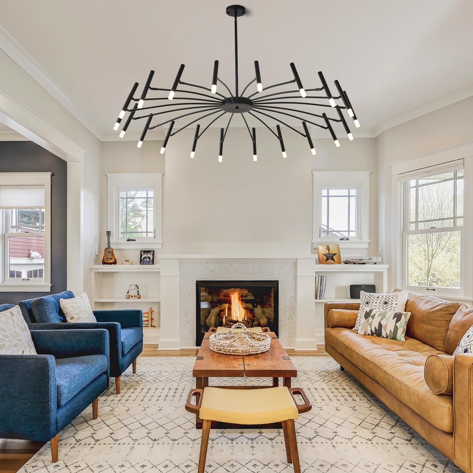 EGM 53 Inch Black Modern Chandelier, 20-Light Mid Century Sputnik Ceiling Light Fixture with G9 Bulbs, Large LED Chandeliers for Bedroom Dining Room, Round Pendant Light for Kitchen Island Foyer