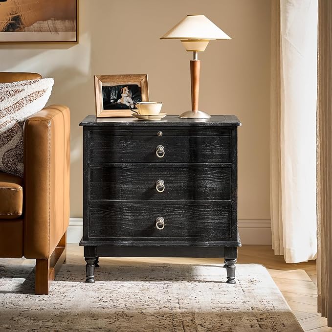 Solid Wood End Table with Charging Station & 3 Drawers