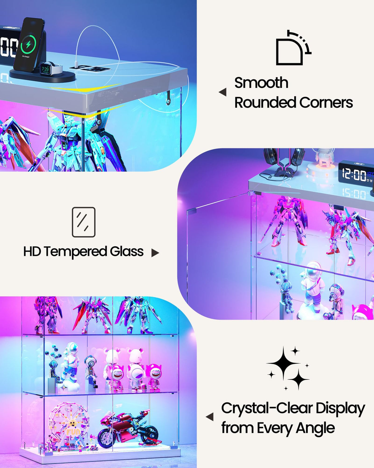 TAGELIER Glass Display Cabinet with Charging Station, RGB LED Lights, White