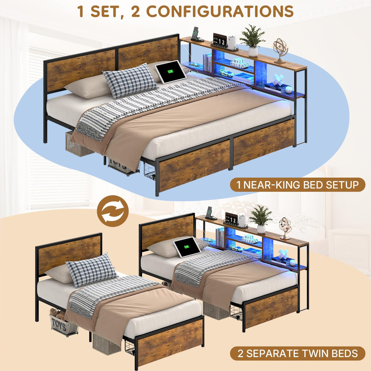 Zevemomo Twin Bed Frames w/Storage Drawers, Headboard for 2 Teens