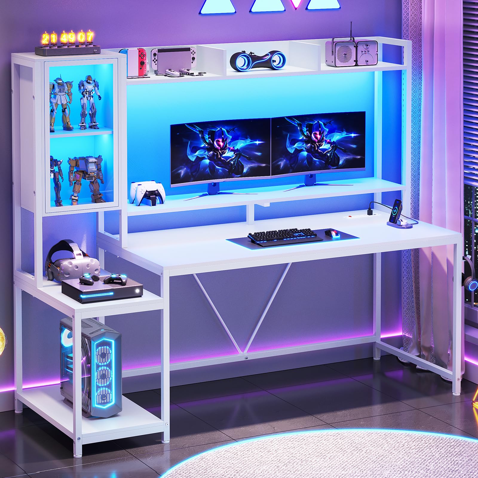 60-Inch Gaming Desk with Hutch & LED Lights