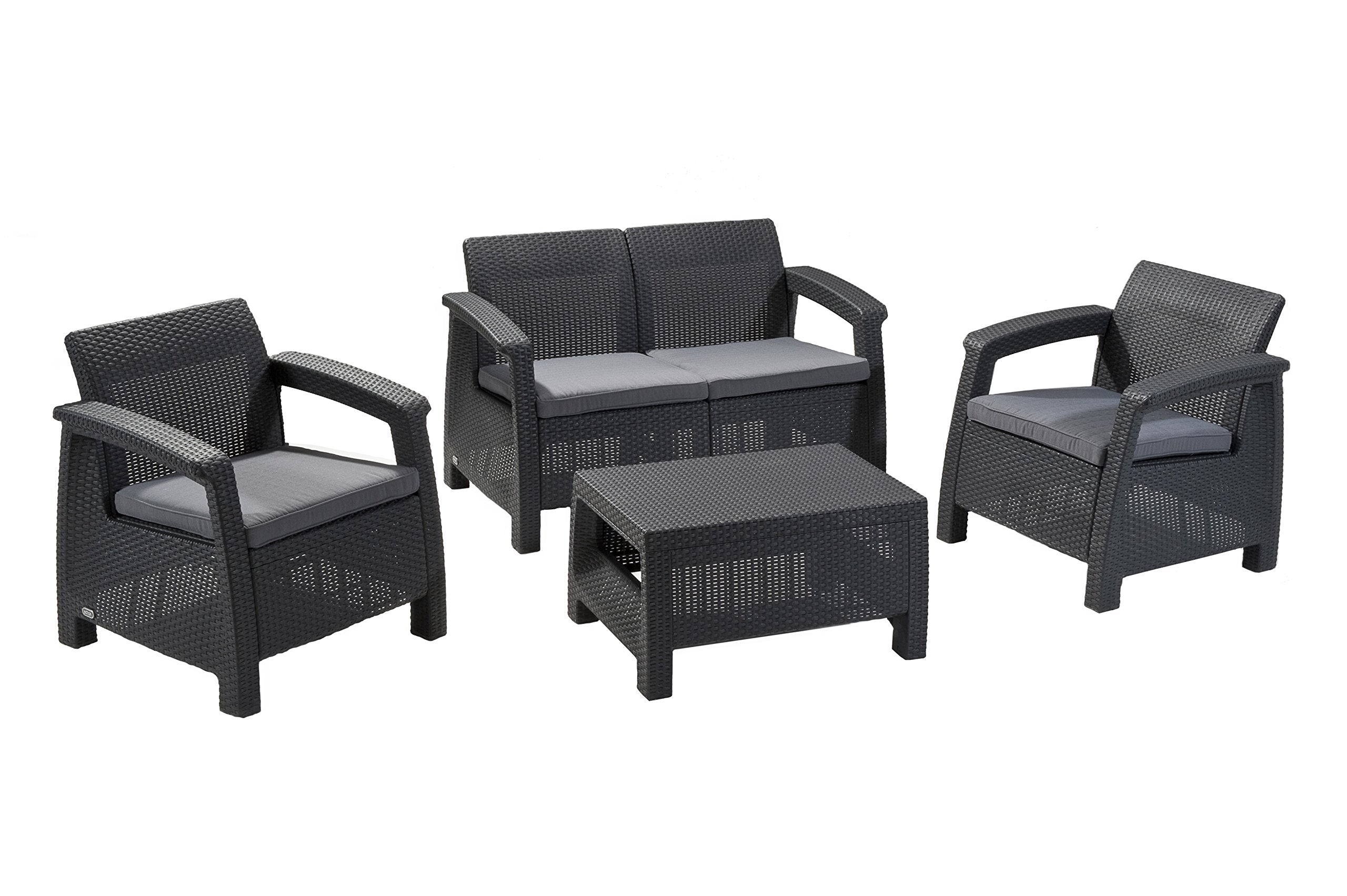 Keter Corfu 4 piece Set All Weather Outdoor Patio Garden Furniture with Cushions, Charcoal